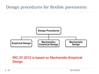 Design procedures for flexible pavements:
26/10/201620
Design Procedures
Empirical Design
Mechanistic-
Empirical Design
Mechanistic
Design
IRC:37-2012 is based on Mechanistic-Empirical
Design
 