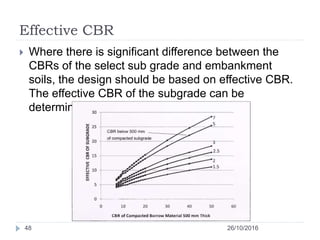 Effective CBR
26/10/201648
 Where there is significant difference between the
CBRs of the select sub grade and embankment
soils, the design should be based on effective CBR.
The effective CBR of the subgrade can be
determined from Fig.
 