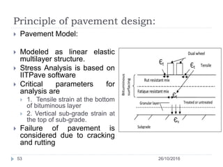 Principle of pavement design:
26/10/201653
 Pavement Model:
 Modeled as linear elastic
multilayer structure.
 Stress Analysis is based on
IITPave software
 Critical parameters for
analysis are
 1. Tensile strain at the bottom
of bituminous layer
 2. Vertical sub-grade strain at
the top of sub-grade.
 Failure of pavement is
considered due to cracking
and rutting
 