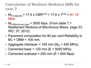Calculation of Resilient Modulus (MR) for
case 2
26/10/2016105
 MR subgrade = 17.6 x CBR0.64 = 17.6 x 70.64 = 61.15
Mpa.
...