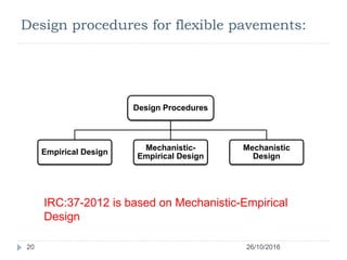 Design procedures for flexible pavements:
26/10/201620
Design Procedures
Empirical Design
Mechanistic-
Empirical Design
Me...