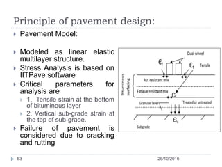 Principle of pavement design:
26/10/201653
 Pavement Model:
 Modeled as linear elastic
multilayer structure.
 Stress An...