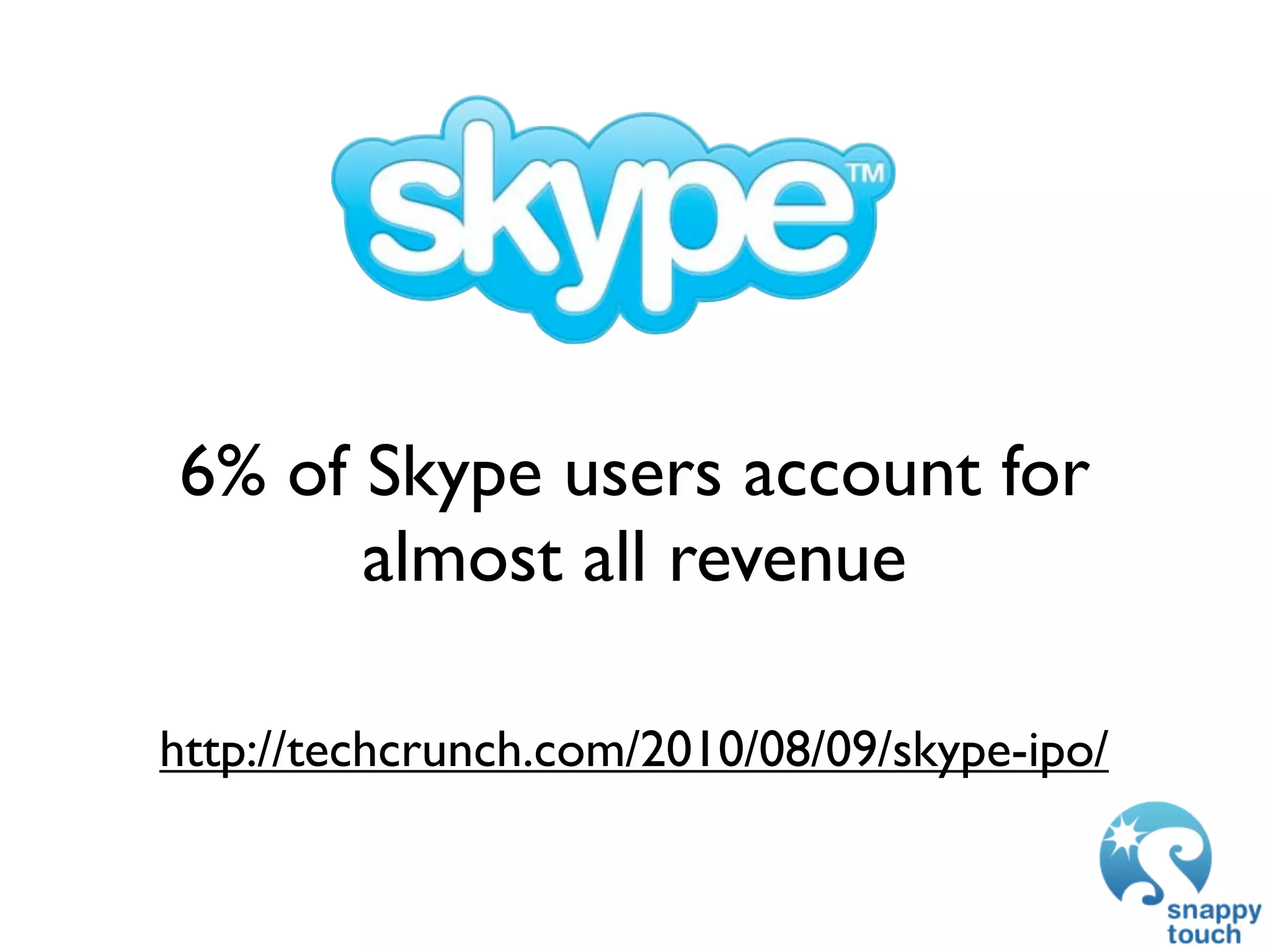6% of Skype users account for
      almost all revenue

http://techcrunch.com/2010/08/09/skype-ipo/
 
