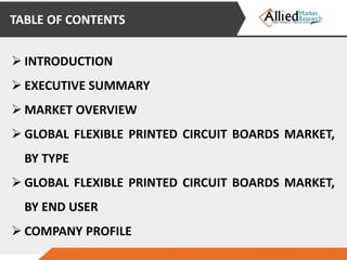 TABLE OF CONTENTS
 INTRODUCTION
 EXECUTIVE SUMMARY
 MARKET OVERVIEW
 GLOBAL FLEXIBLE PRINTED CIRCUIT BOARDS MARKET,
BY TYPE
 GLOBAL FLEXIBLE PRINTED CIRCUIT BOARDS MARKET,
BY END USER
 COMPANY PROFILE
 