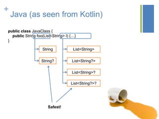 +
Java (as seen from Kotlin)
public class JavaClass {
public String foo(List<String> l) {…}
}
String
String?
List<String>
List<String?>
List<String>?
List<String?>?
Safest!
 