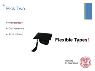 +
Pick Two
 Null-safety
 Convenience
 Java Interop
Flexible Types!
Thanks to
Dr. Ross Tate of
 