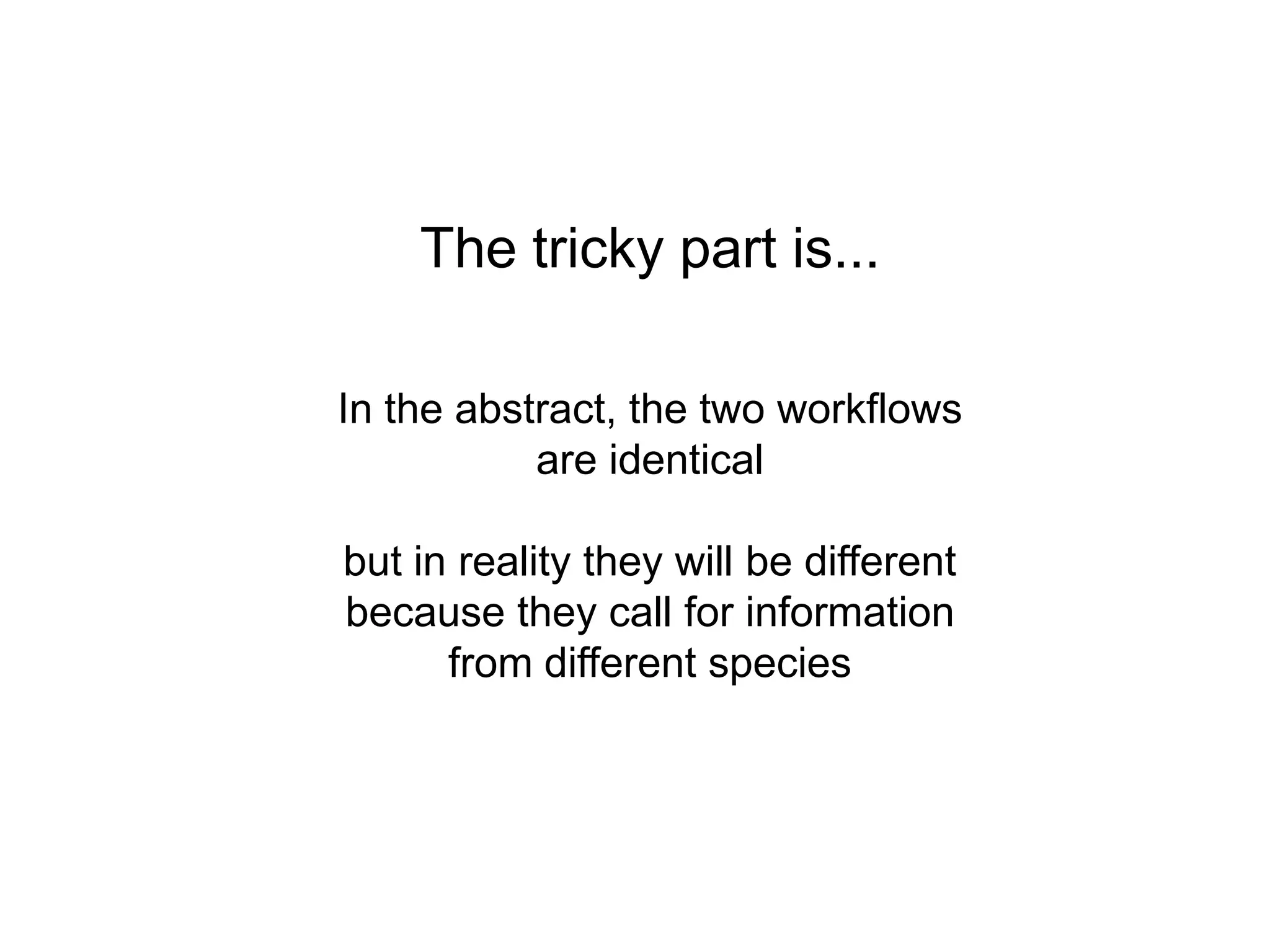 The tricky part is...

In the abstract, the two workflows
           are identical

but in reality they will be different
because they call for information
      from different species
 