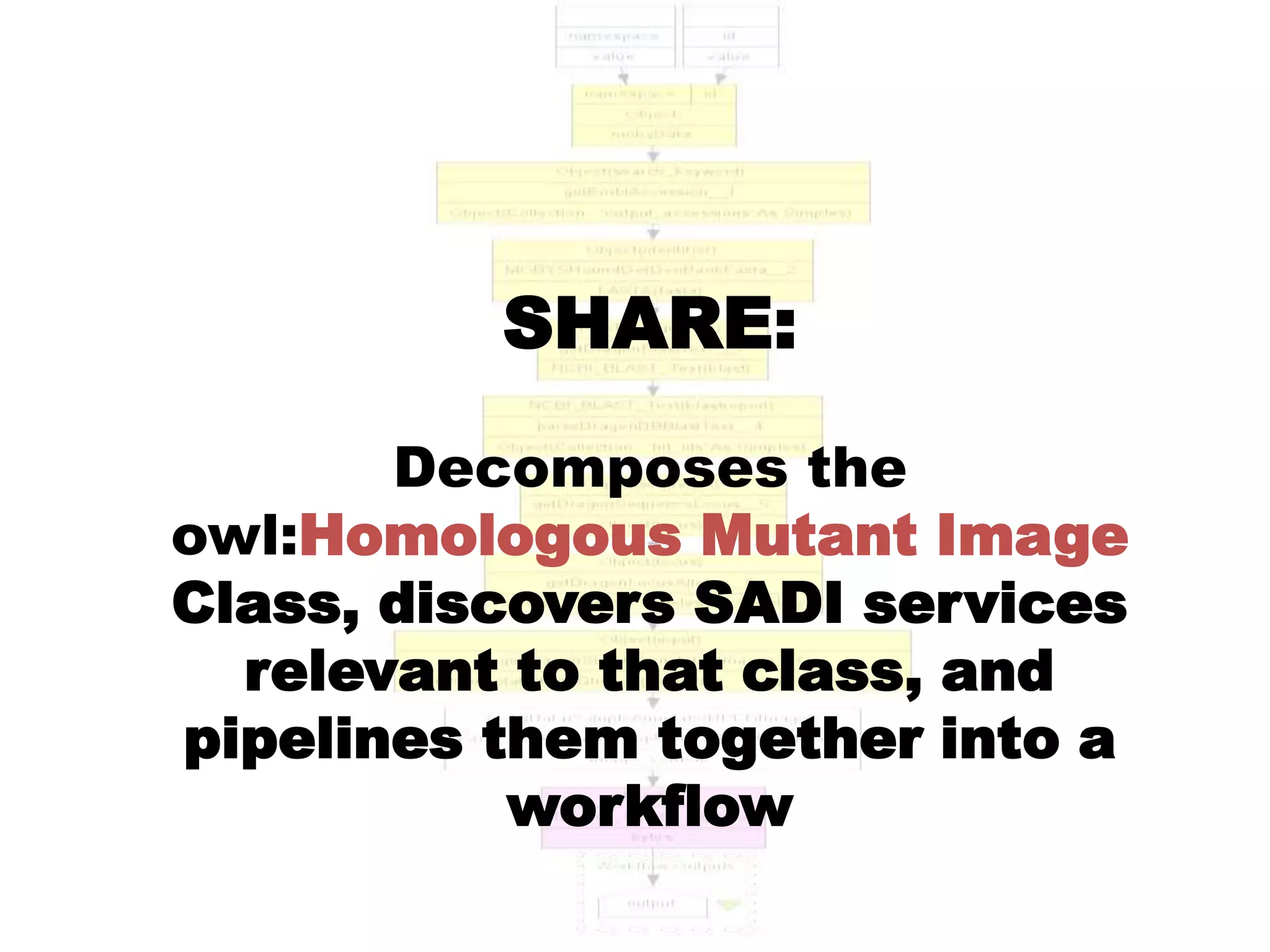 SHARE:
       Decomposes the
owl:Homologous Mutant Image
Class, discovers SADI services
  relevant to that class, and
pipelines them together into a
           workflow
 
