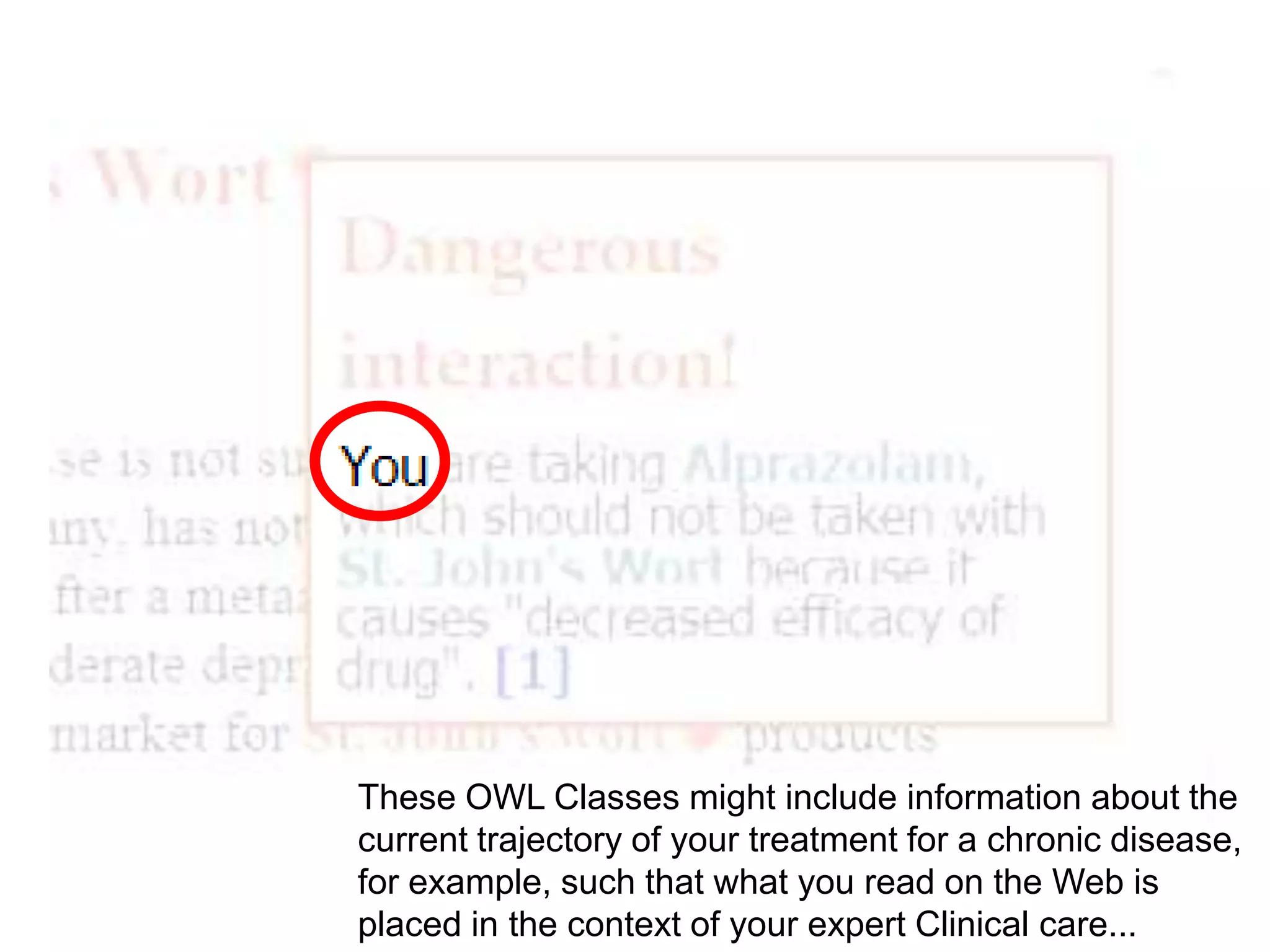 These OWL Classes might include information about the
current trajectory of your treatment for a chronic disease,
for example, such that what you read on the Web is
placed in the context of your expert Clinical care...
 