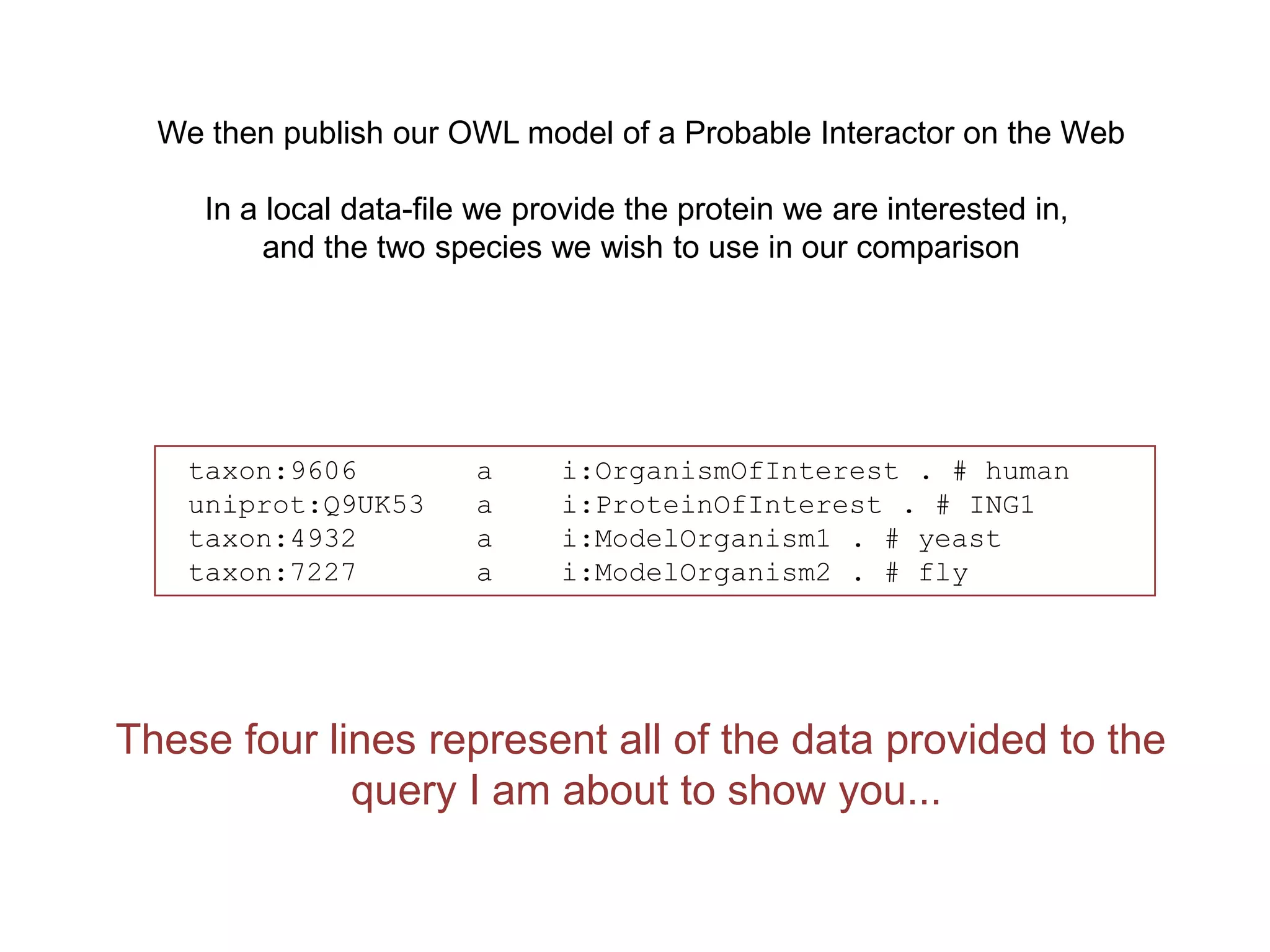 We then publish our OWL model of a Probable Interactor on the Web

     In a local data-file we provide the protein we are interested in,
          and the two species we wish to use in our comparison




    taxon:9606           a     i:OrganismOfInterest . # human
    uniprot:Q9UK53       a     i:ProteinOfInterest . # ING1
    taxon:4932           a     i:ModelOrganism1 . # yeast
    taxon:7227           a     i:ModelOrganism2 . # fly




These four lines represent all of the data provided to the
             query I am about to show you...
 