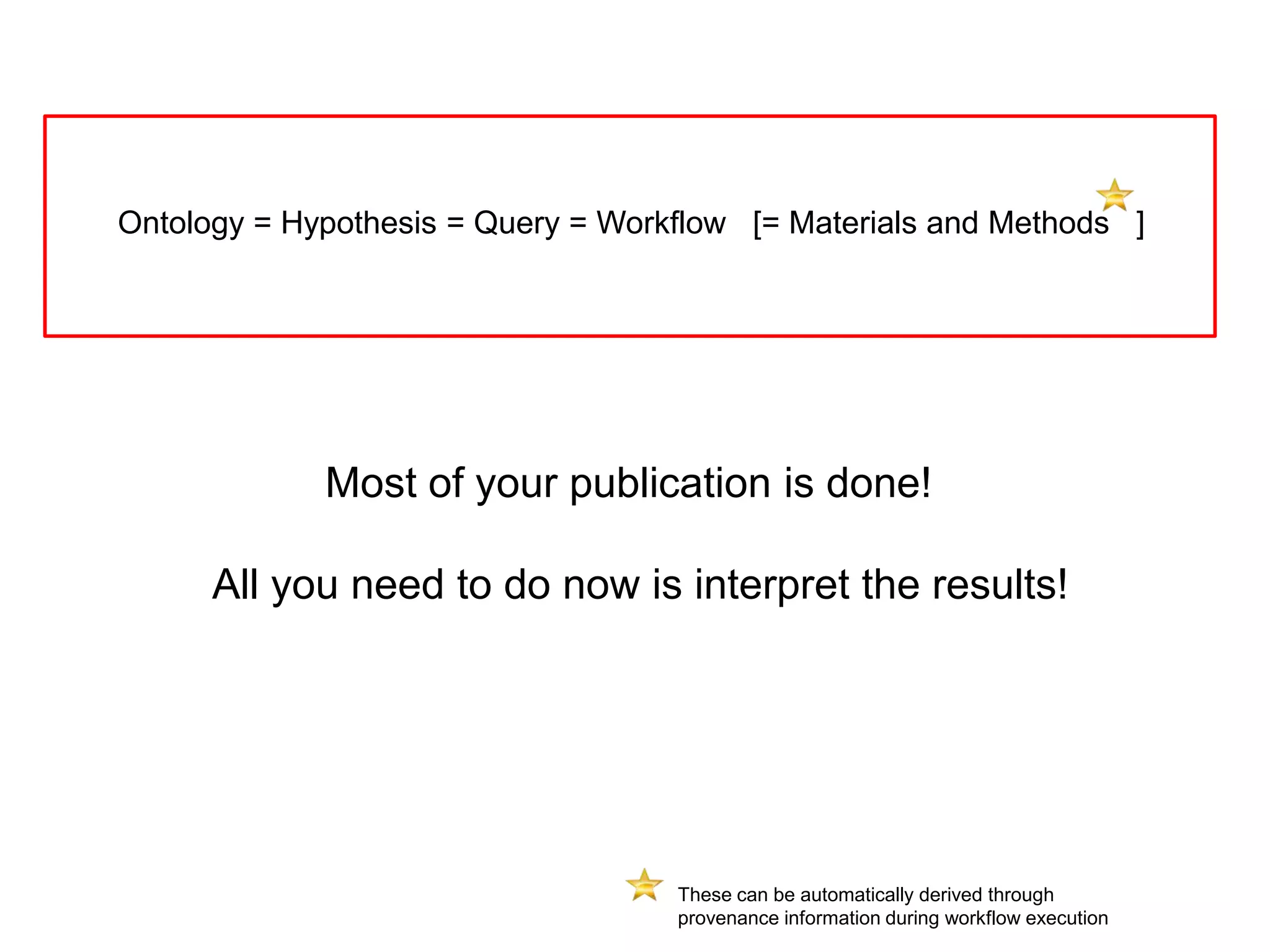 Ontology = Hypothesis = Query = Workflow [= Materials and Methods ]




             Most of your publication is done!

      All you need to do now is interpret the results!




                                    These can be automatically derived through
                                    provenance information during workflow execution
 