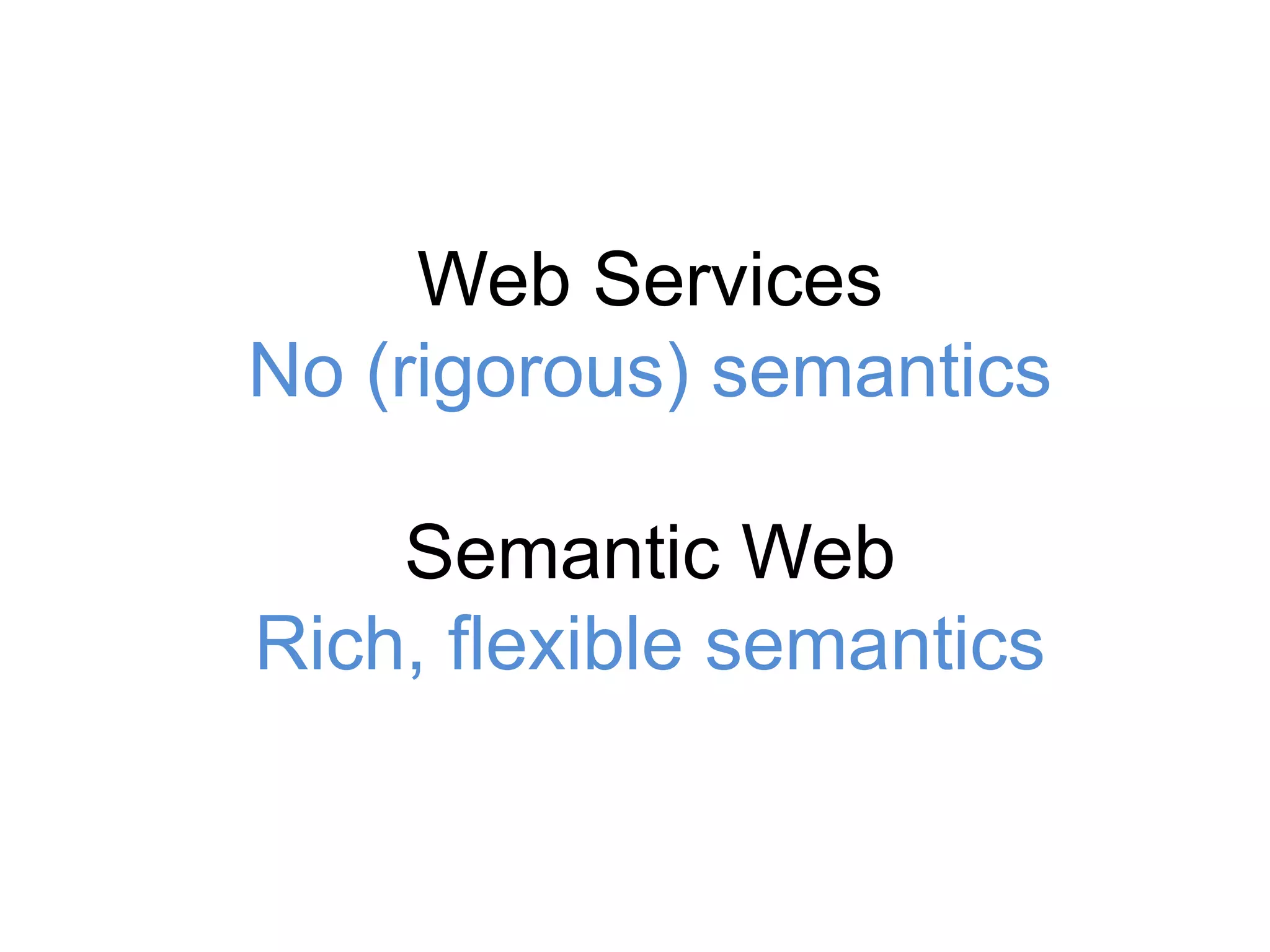 Web Services
No (rigorous) semantics

    Semantic Web
Rich, flexible semantics
 