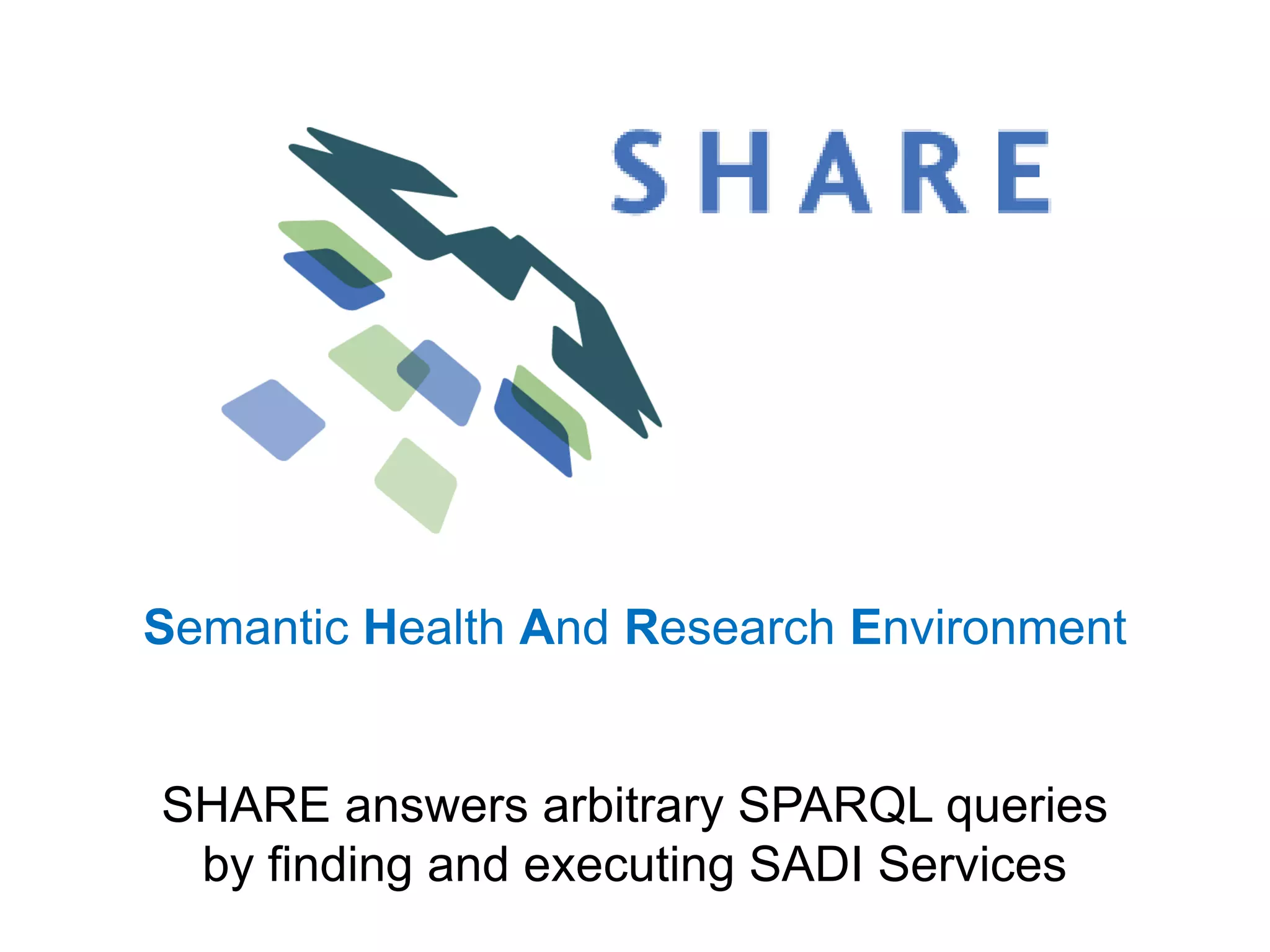 Semantic Health And Research Environment


SHARE answers arbitrary SPARQL queries
 by finding and executing SADI Services
 