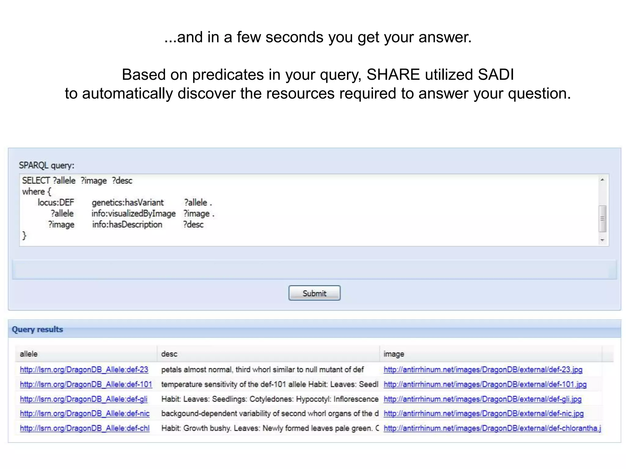 ...and in a few seconds you get your answer.

        Based on predicates in your query, SHARE utilized SADI
to automatically discover the resources required to answer your question.
 