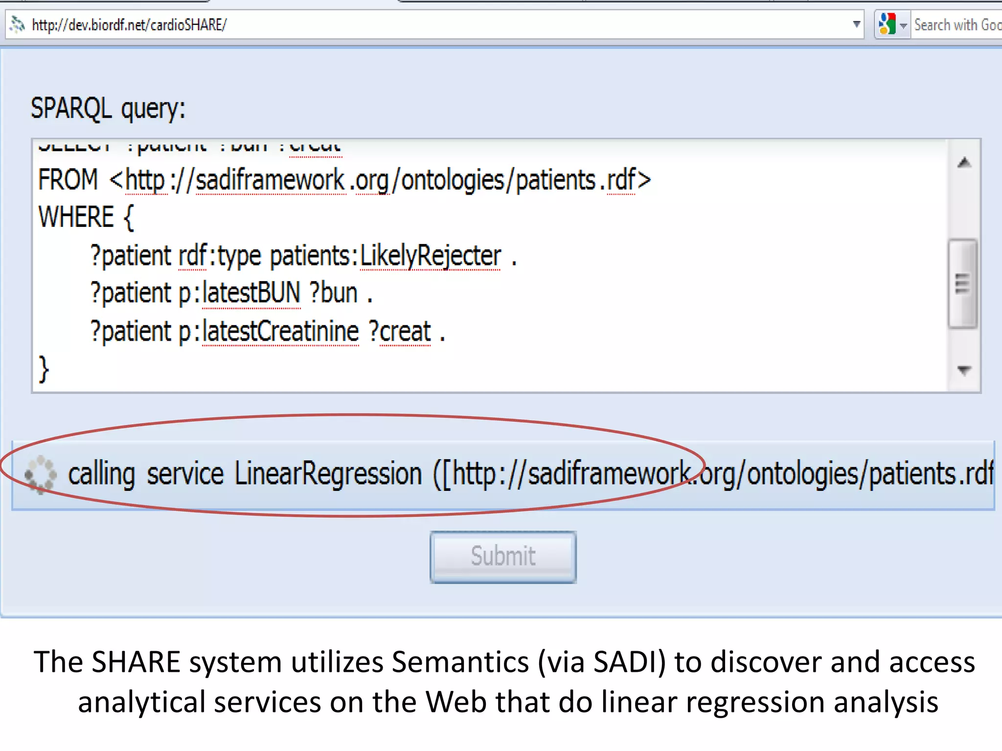 The SHARE system utilizes Semantics (via SADI) to discover and access
   analytical services on the Web that do linear regression analysis
 