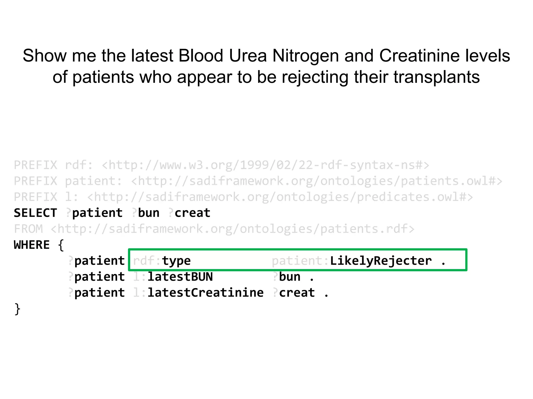 Show me the latest Blood Urea Nitrogen and Creatinine levels
    of patients who appear to be rejecting their transplants



PREFIX rdf: <http://www.w3.org/1999/02/22-rdf-syntax-ns#>
PREFIX patient: <http://sadiframework.org/ontologies/patients.owl#>
PREFIX l: <http://sadiframework.org/ontologies/predicates.owl#>
SELECT ?patient ?bun ?creat
FROM <http://sadiframework.org/ontologies/patients.rdf>
WHERE {
        ?patient rdf:type           patient:LikelyRejecter .
        ?patient l:latestBUN        ?bun .
        ?patient l:latestCreatinine ?creat .
}
 