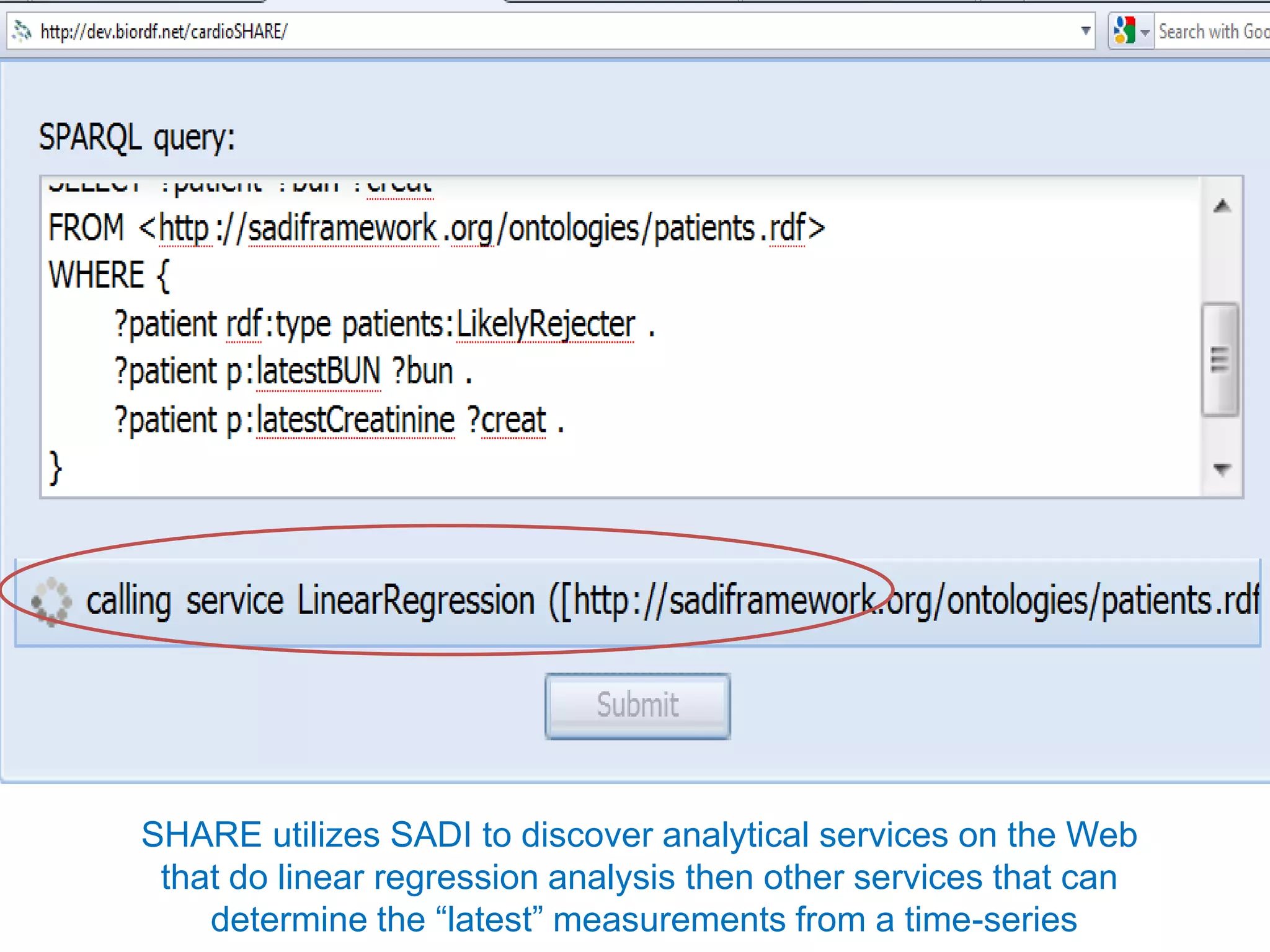 SHARE utilizes SADI to discover analytical services on the Web
 that do linear regression analysis then other services that can
    determine the “latest” measurements from a time-series
 