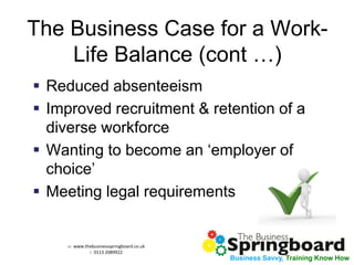 w: www.thebusinessspringboard.co.uk 
t: 0113 2089922 
Business Savvy, Training Know How 
The Business Case for a Work- Life Balance (cont …) 
Reduced absenteeism 
Improved recruitment & retention of a diverse workforce 
Wanting to become an ‘employer of choice’ 
Meeting legal requirements  