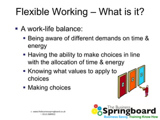 w: www.thebusinessspringboard.co.uk 
t: 0113 2089922 
Business Savvy, Training Know How 
Flexible Working – What is it? 
A work-life balance: 
Being aware of different demands on time & energy 
Having the ability to make choices in line with the allocation of time & energy 
Knowing what values to apply to choices 
Making choices 
 