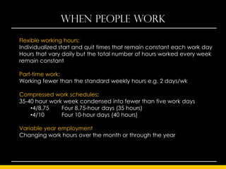 When people work

Flexible working hours:
Individualized start and quit times that remain constant each work day
Hours that vary daily but the total number of hours worked every week
remain constant

Part-time work:
Working fewer than the standard weekly hours e.g. 2 days/wk

Compressed work schedules:
35-40 hour work week condensed into fewer than five work days
    •4/8.75    Four 8.75-hour days (35 hours)
    •4/10      Four 10-hour days (40 hours)

Variable year employment
Changing work hours over the month or through the year
 