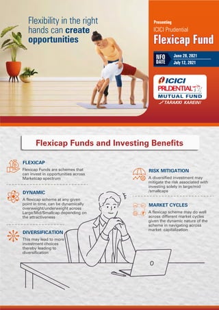Flexicap Funds and Investing Benefits
FLEXICAP
Flexicap Funds are schemes that
can invest in opportunities across
Marketcap spectrum
DYNAMIC
A flexicap scheme at any given
point in time, can be dynamically
overweight/underweight across
Large/Mid/Smallcap depending on
the attractiveness
DIVERSIFICATION
This may lead to more
investment choices
thereby leading to
diversification
RISK MITIGATION
A diversified investment may
mitigate the risk associated with
investing solely in large/mid
/smallcaps
MARKET CYCLES
A flexicap scheme may do well
across different market cycles
given the dynamic nature of the
scheme in navigating across
market capitalization
Flexibility in the right
hands can create
opportunities Flexicap Fund
ICICI Prudential
Presenting
Flexicap Fund
June 28, 2021
July 12, 2021
NFO
DATE
 