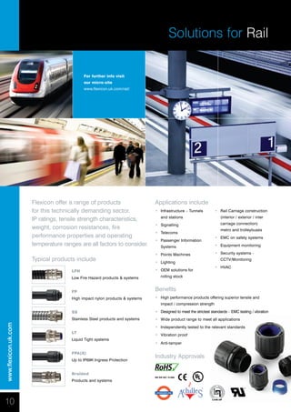 10
Applications include
Benefits
•	 High performance products offering superior tensile and 	
	 impact / compression strength
•	 Designed to meet the strictest standards – EMC testing / vibration
•	 Wide product range to meet all applications
•	 Independently tested to the relevant standards
•	 Vibration proof
•	 Anti-tamper
Industry Approvals
•	 Infrastructure – Tunnels
	 and stations
•	 Signalling
•	 Telecoms
•	 Passenger Information 		
	 Systems
•	 Points Machines
•	 Lighting
•	 OEM solutions for
	 rolling stock
•	 Rail Carriage construction
	 (interior / exterior / inter 		
	 carriage connection)
	 metro and trolleybuses
•	 EMC on safety systems
•	 Equipment monitoring
•	 Security systems -
	 CCTV/Monitoring
•	 HVAC
Flexicon offer a range of products
for this technically demanding sector.
IP ratings, tensile strength characteristics,
weight, corrosion resistances, fire
performance properties and operating
temperature ranges are all factors to consider.
Typical products include
www.flexicon.uk.com
For further info visit
our micro-site
www.flexicon.uk.com/rail/
BS EN IEC 61386
Solutions for Rail
LFH
Low Fire Hazard products & systems
FP
High impact nylon products & systems
SS
Stainless Steel products and systems
LT
Liquid Tight systems
FPA(X)
Up to IP69K Ingress Protection
Braided
Products and systems
®
WWW.CABLEJOINTS.CO.UK
THORNE & DERRICK UK
TEL 0044 191 490 1547 FAX 0044 477 5371
TEL 0044 117 977 4647 FAX 0044 977 5582
WWW.THORNEANDDERRICK.CO.UK
 