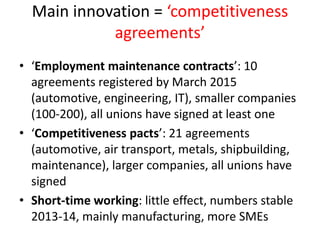 Main innovation = ‘competitiveness
agreements’
• ‘Employment maintenance contracts’: 10
agreements registered by March 2015
(automotive, engineering, IT), smaller companies
(100-200), all unions have signed at least one
• ‘Competitiveness pacts’: 21 agreements
(automotive, air transport, metals, shipbuilding,
maintenance), larger companies, all unions have
signed
• Short-time working: little effect, numbers stable
2013-14, mainly manufacturing, more SMEs
 