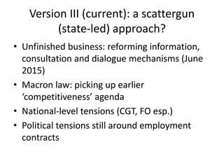 Version III (current): a scattergun
(state-led) approach?
• Unfinished business: reforming information,
consultation and dialogue mechanisms (June
2015)
• Macron law: picking up earlier
‘competitiveness’ agenda
• National-level tensions (CGT, FO esp.)
• Political tensions still around employment
contracts
 