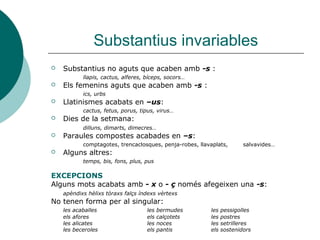 Substantius invariables
   Substantius no aguts que acaben amb -s :
             llapis, cactus, alferes, bíceps, socors…
   Els femenins aguts que acaben amb -s :
             ics, urbs
   Llatinismes acabats en –us:
             cactus, fetus, porus, tipus, virus…
   Dies de la setmana:
             dilluns, dimarts, dimecres…
   Paraules compostes acabades en –s:
             comptagotes, trencaclosques, penja-robes, llavaplats,       salvavides…
   Alguns altres:
             temps, bis, fons, plus, pus

EXCEPCIONS
Alguns mots acabats amb - x o - ç només afegeixen una -s:
    apèndixs hèlixs tòraxs falçs índexs vèrtexs
No tenen forma per al singular:
    les   acaballes                   les   bermudes       les   pessigolles
    els   afores                      els   calçotets      les   postres
    les   alicates                    les   noces          les   setrilleres
    les   beceroles                   els   pantis         els   sostenidors
 