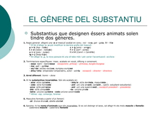 EL GÈNERE DEL SUBSTANTIU
      Substantius que designen éssers animats solen
       tindre dos gèneres.
1. Regla general: afegint una -a al masculí acabat en cons.: noi - noia, gat - gata, fill - filla
     * El fet d’afegir la -a pot modificar la darrera grafia del masculí:
     p > b (llop - lloba)                         c > g (amic - amiga)
     t > d (nebot - neboda)                       f > v (serf - serva)
     u > v (jueu - jueva)                         l > l·l (Camil > Camil·la)
     ig > j (boig-boja)
     * En afegir la -a, la nova paraula té una síl·laba més i pot variar l’accentuació: avi/àvia

2. Terminacions específiques: masc. acabats en vocal, diftong o consonant.
      - essa: baró – baronessa excepcions: príncep – princesa, burgés-burgesa
      - ina: gall – gallina
      - va/-ea: esclau-esclava, europeu-europea
      - driu/-triu: emperador-emperadriu, actor - actriu excepció : director - directora

3. Arrel diferent: home – dona

4. Hi ha substantius invariables. Són els acabats en:
      - aire: el/la captaire...              - ista/e: el/la dentista, maquinista...
      - cida: el/la homicida                 - ant: un/ una amant, cantant... (però: estudiant-estudianta)
      -arca: el/la patriarca                 - ent: un/ una supervivent... excepció president – presidenta
      -ble: el/la compable                   -ta: un/una pirata
      -latra: un/una egòlatra -cola:un/una cavernícola
      * Altres: cap, conserge, forense

5. Masculins formats a partir d’un femení:
     -ot: bruixa-bruixot, abella-abellot

6. Epicens: hi ha noms d’animals que són invariables. Si es vol distingir el sexe, cal afegir-hi els mots mascle o femella:
      cadernera mascle - cadernera femella
 