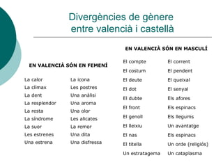 Divergències de gènere
                entre valencià i castellà
                                 EN VALENCIÀ SÓN EN MASCULÍ

                                El compte        El corrent
 EN VALENCIÀ SÓN EN FEMENÍ
                                El costum        El pendent
La calor        La icona        El deute         El queixal
La clímax       Les postres     El dot           El senyal
La dent         Una anàlisi
                                El dubte         Els afores
La resplendor   Una aroma
                                El front         Els espinacs
La resta        Una olor
La síndrome     Les alicates    El genoll        Els llegums

La suor         La remor        El lleixiu       Un avantatge
Les estrenes    Una dita        El nas           Els espinacs
Una estrena     Una disfressa   El titella       Un orde (religiós)
                                Un estratagema   Un cataplasma
 