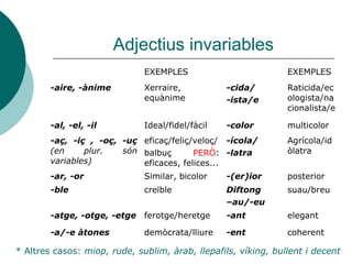 Adjectius invariables
                              EXEMPLES                          EXEMPLES
        -aire, -ànime         Xerraire,           -cida/        Raticida/ec
                              equànime            -ista/e       ologista/na
                                                                cionalista/e

        -al, -el, -il         Ideal/fidel/fàcil   -color        multicolor
        -aç, -iç , -oç, -uç eficaç/feliç/veloç/ -ícola/         Agrícola/id
        (en     plur.   són balbuç       PERÒ: -latra           òlatra
        variables)          eficaces, felices...
        -ar, -or              Similar, bicolor    -(er)ior      posterior
        -ble                  creïble             Diftong       suau/breu
                                                  –au/-eu
        -atge, -otge, -etge ferotge/heretge       -ant          elegant

        -a/-e àtones          demòcrata/lliure    -ent          coherent

* Altres casos: miop, rude, sublim, àrab, llepafils, víking, bullent i decent
 