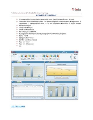 FlexiEle Consulting Services [FlexiEle]. Confidential and Proprietary
BUSINESS INTELLIGENCE
Trendy graphical fusion charts. We provide more than 30 types of charts. Broadly
Drill down headcount report. Client can start drilling from Financial years  Legal Entity 
Department / Cost Center / Location. Or can drill from Years  Quarters  month wise etc
Attrition Analysis
Leave Data Analysis
Charts on Attendance
Per employee cost Y-O-Y
Average annual compensation by Geography / Cost Center / Dept etc
Bonus Trend
Compensation Trend
Gender wise data analysis
New hire trend
New hire data source
etc
LIST OF REPORTS
 