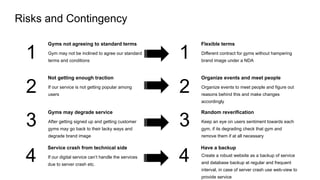 Risks and Contingency
Random reverification
Keep an eye on users sentiment towards each
gym, if its degrading check that gym and
remove them if at all necessary
Flexible terms
Different contract for gyms without hampering
brand image under a NDA
Organize events and meet people
Organize events to meet people and figure out
reasons behind this and make changes
accordingly
2
3
1
Gyms may degrade service
After getting signed up and getting customer
gyms may go back to their lacky ways and
degrade brand image
Gyms not agreeing to standard terms
Gym may not be inclined to agree our standard
terms and conditions
Not getting enough traction
If our service is not getting popular among
users
2
3
1
Have a backup
4
Service crash from technical side
If our digital service can’t handle the services
due to server crash etc.
4 Create a robust website as a backup of service
and database backup at regular and frequent
interval, in case of server crash use web-view to
provide service
 