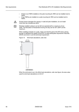 • If there is an FMFA installed on the pole mounting kit, RRH can be installed next to
FMFA.
• If two FMFAs are installed on a pole mounting kit, RRH can be installed next to
FMFA.
f Excess torsion damages the casings. In wall and pole installation, do not install
more than two modules per plinth.
g Modules installed outdoors can be left non-operational for a maximum of one
week. The fluctuation of temperature during one day can be 30°C (86°F) at the
maximum.
When installing modules on a pole, make sure that the pole at the BTS site is strong
enough to withstand the weight of the BTS, to meet earthquake requirement Telcordia
GR-63 core Zone 4, and the wind load requirement.
Figure 15 Wind load calculations, side view
DN7083024
When the wind area is as in the Wind load calculations, side view figure, the area value
used for wind load calculations is 0.33 m2.
Site requirements Flexi Multiradio BTS LTE Installation Site Requirements
48 DN0951839 Issue: 01A
   
 