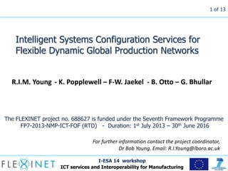 I-ESA 14 workshop
ICT services and Interoperability for Manufacturing
1 of 13
Intelligent Systems Configuration Services for
Flexible Dynamic Global Production Networks
The FLEXINET project no. 688627 is funded under the Seventh Framework Programme
FP7-2013-NMP-ICT-FOF (RTD) - Duration: 1st July 2013 – 30th June 2016
For further information contact the project coordinator,
Dr Bob Young. Email: R.I.Young@lboro.ac.uk
R.I.M. Young - K. Popplewell – F-W. Jaekel - B. Otto – G. Bhullar
 