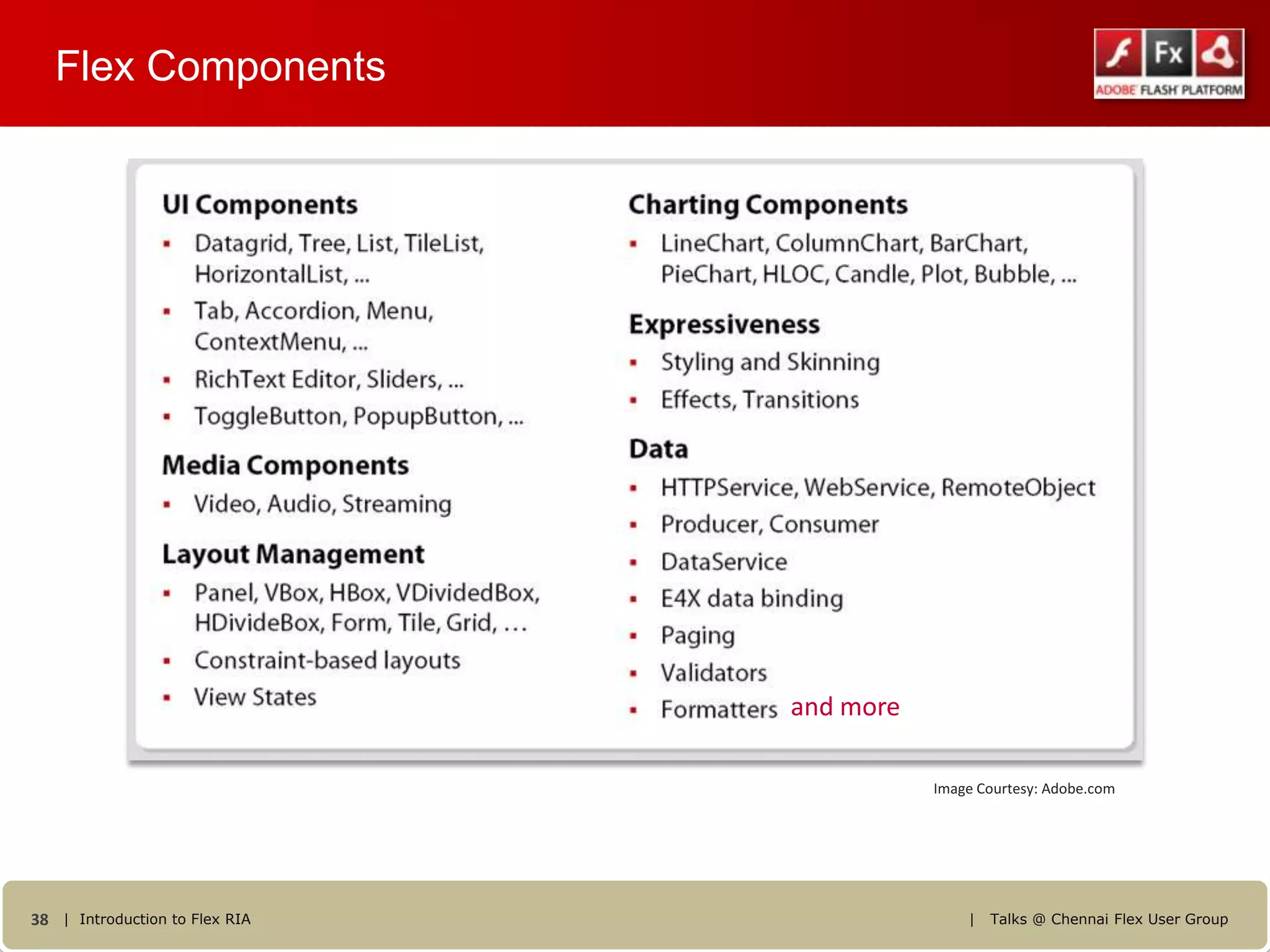 Flex Components




                                and more

                                           Image Courtesy: Adobe.com




38 | Introduction to Flex RIA                  |   Talks @ Chennai Flex User Group
 