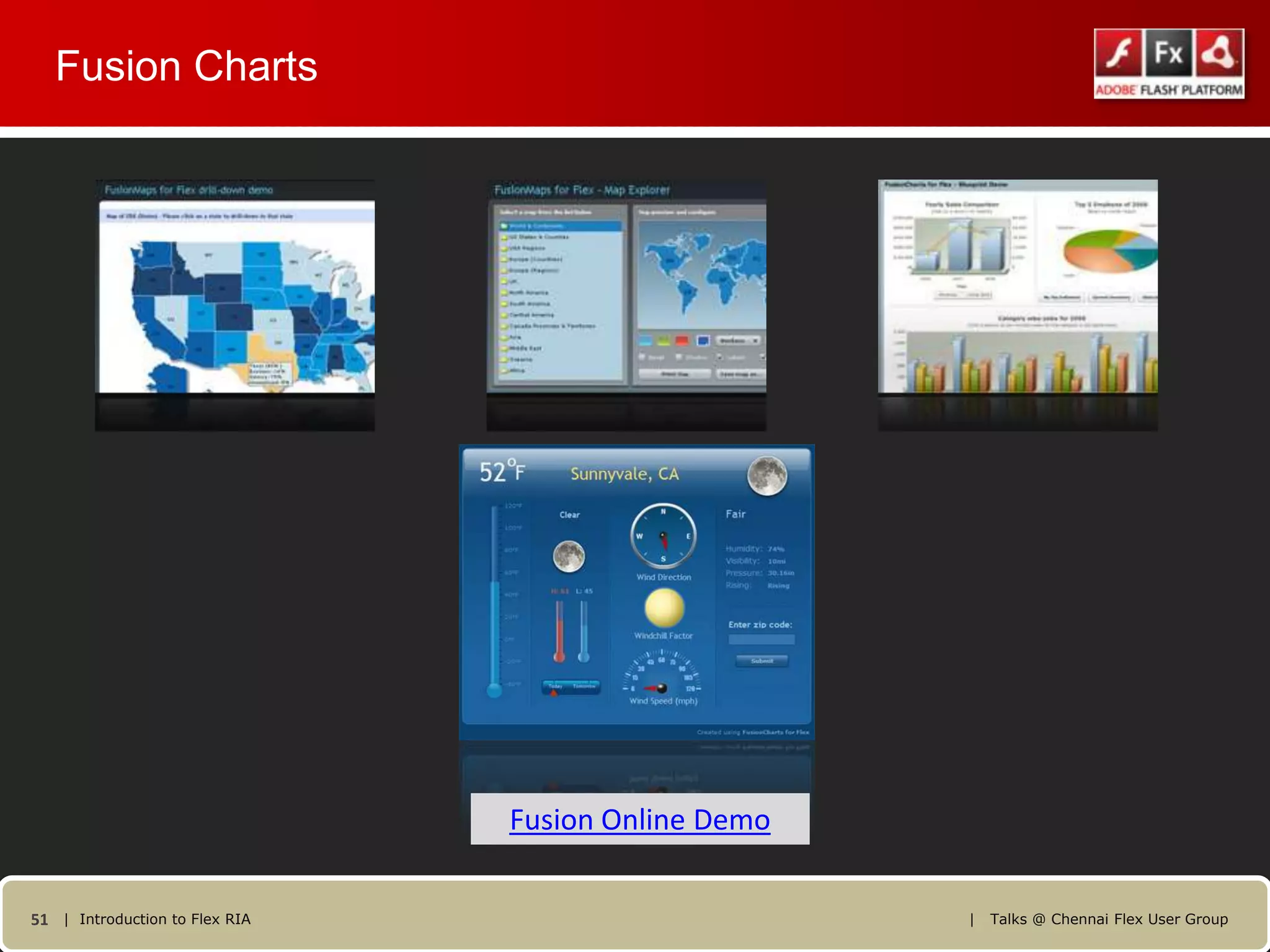 Fusion Charts




                                Fusion Online Demo


51 | Introduction to Flex RIA                        |   Talks @ Chennai Flex User Group
 