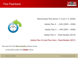 Flex Flashback




                                              Macromedia Flex Server 1.0 and 1.5 (2004)

                                                     Adobe Flex 2 – AS3 (2005 – 2006)

                                                      Adobe Flex 3 – AIR (2007 – 2009)

                                                     Adobe Flex 4 - Flash Builder (2010)

                                   Adobe Flex 4.5 and Flex Hero - Flash Builder (2011)


Flex was the first Macromedia product to be
       re-branded under the Adobe name.


21 | Introduction to Flex RIA                                         |   Talks @ Chennai Flex User Group
 