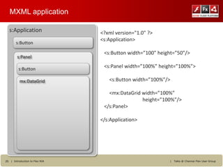 MXML application

  s:Application                 <?xml version="1.0" ?>
                                <s:Application>
       s:Button

                                 <s:Button width=”100” height=”50”/>
        s:Panel

         s:Button
                                 <s:Panel width=”100%” height=”100%”>

          mx:DataGrid              <s:Button width=”100%”/>

                                   <mx:DataGrid width=”100%”
                                                height=”100%”/>
                                 </s:Panel>

                                </s:Application>




25 | Introduction to Flex RIA                              |   Talks @ Chennai Flex User Group
 