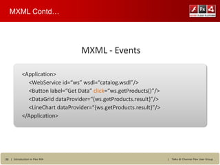 MXML Contd…




                                  MXML - Events

            <Application>
              <WebService id=“ws” wsdl=“catalog.wsdl”/>
              <Button label=“Get Data” click=“ws.getProducts()”/>
              <DataGrid dataProvider=“{ws.getProducts.result}”/>
              <LineChart dataProvider=“{ws.getProducts.result}”/>
            </Application>




30 | Introduction to Flex RIA                                       |   Talks @ Chennai Flex User Group
 