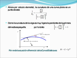 Ahora por calculo elemental, la curvatura de una curva plana es un punto de esta: Como la curvatura de la viga es muy ligera la pendiente de la primera derivada es pequeña  por lo tanto  Por ende la ecuación diferencial de la Curva Elástica es:  