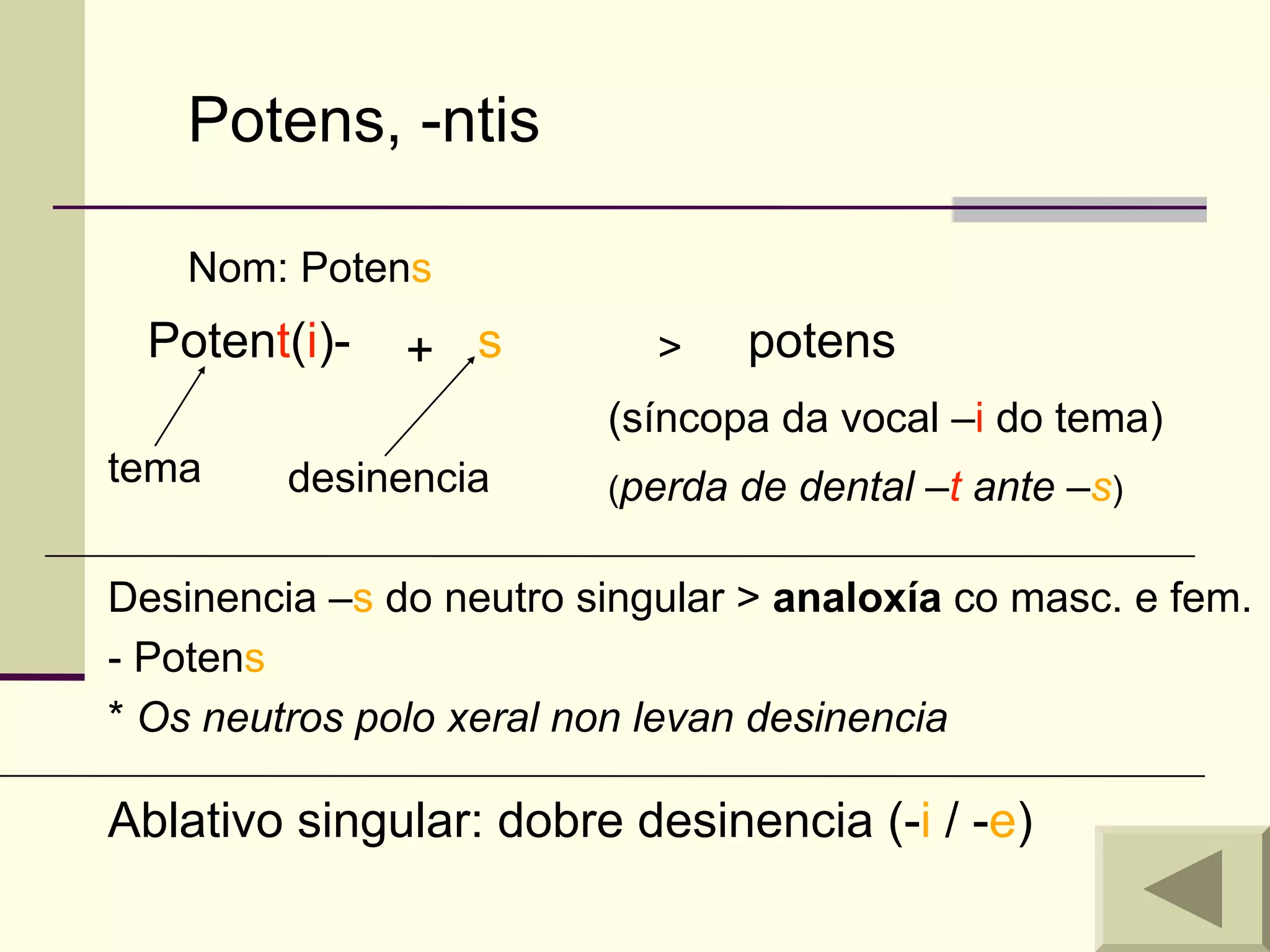Potens, -ntis

    Nom: Potens
  Potent(i)-   + s          >   potens
                         (síncopa da vocal –i do tema)
tema     desinencia      (perda de dental –t ante –s)


Desinencia –s do neutro singular > analoxía co masc. e fem.
- Potens
* Os neutros polo xeral non levan desinencia

Ablativo singular: dobre desinencia (-i / -e)
 
