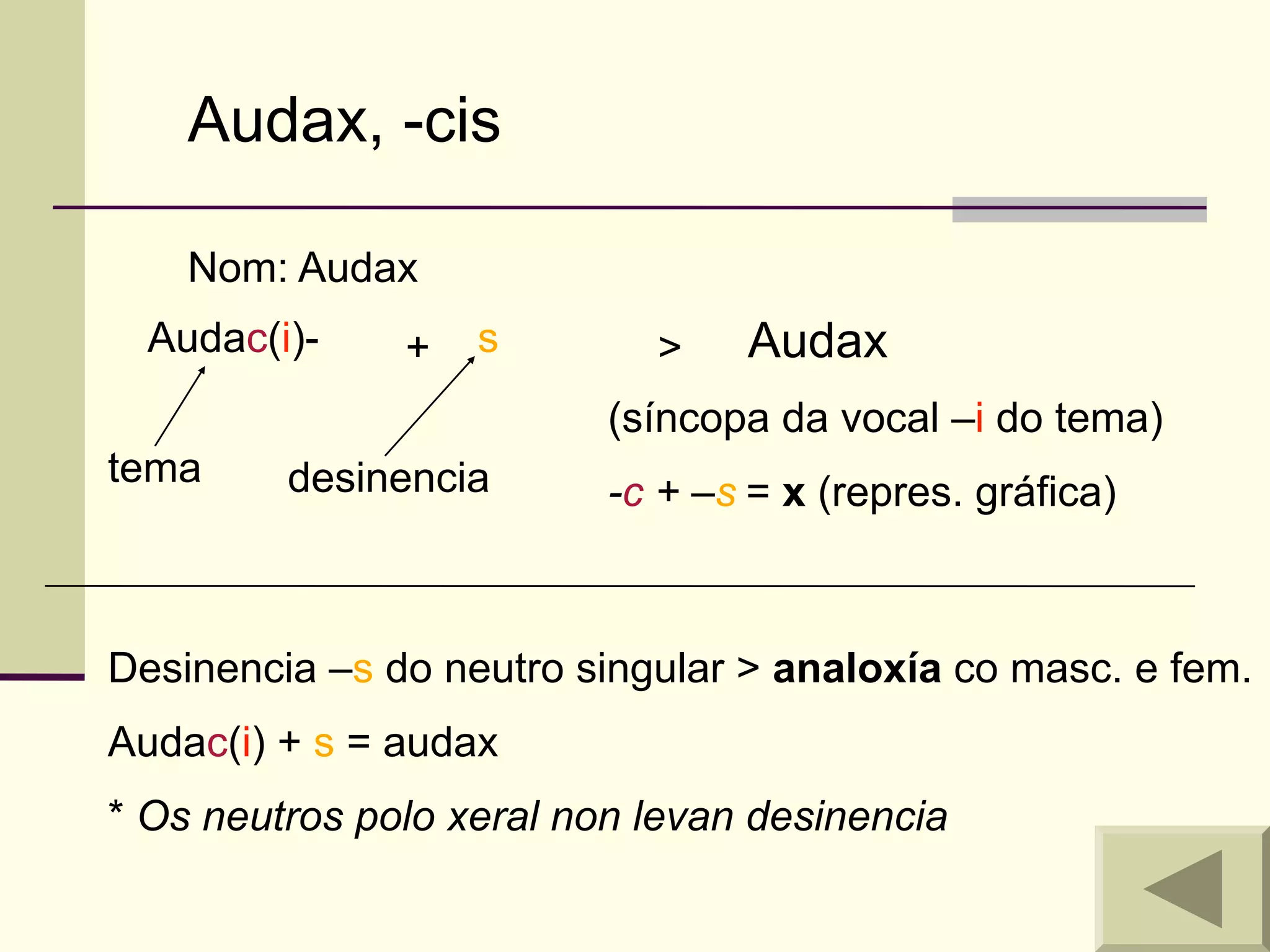 Audax, -cis

    Nom: Audax
  Audac(i)-    +   s        >    Audax
                          (síncopa da vocal –i do tema)
tema     desinencia       -c + –s = x (repres. gráfica)



Desinencia –s do neutro singular > analoxía co masc. e fem.
Audac(i) + s = audax
* Os neutros polo xeral non levan desinencia
 