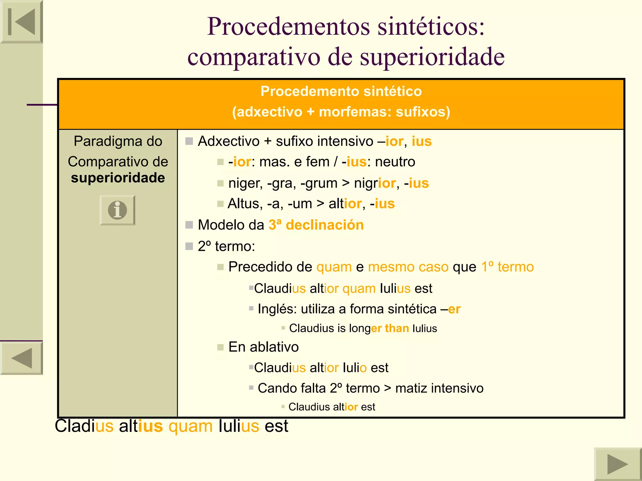 Procedementos sintéticos:
                  comparativo de superioridade
                               Procedemento sintético
                           (adxectivo + morfemas: sufixos)

  Paradigma do     Adxectivo + sufixo intensivo –ior, ius
 Comparativo de         -ior: mas. e fem / -ius: neutro
 superioridade          niger, -gra, -grum > nigrior, -ius
                        Altus, -a, -um > altior, -ius

                   Modelo da 3ª declinación
                   2º termo:
                        Precedido de quam e mesmo caso que 1º termo

                              Claudius altior quam Iulius est
                              

                                 Inglés: utiliza a forma sintética –er
                                       Claudius is longer than Iulius
                          En ablativo
                              Claudius altior Iulio est
                              

                                 Cando falta 2º termo > matiz intensivo
                                       Claudius altior est
Cladius altius quam Iulius est
 