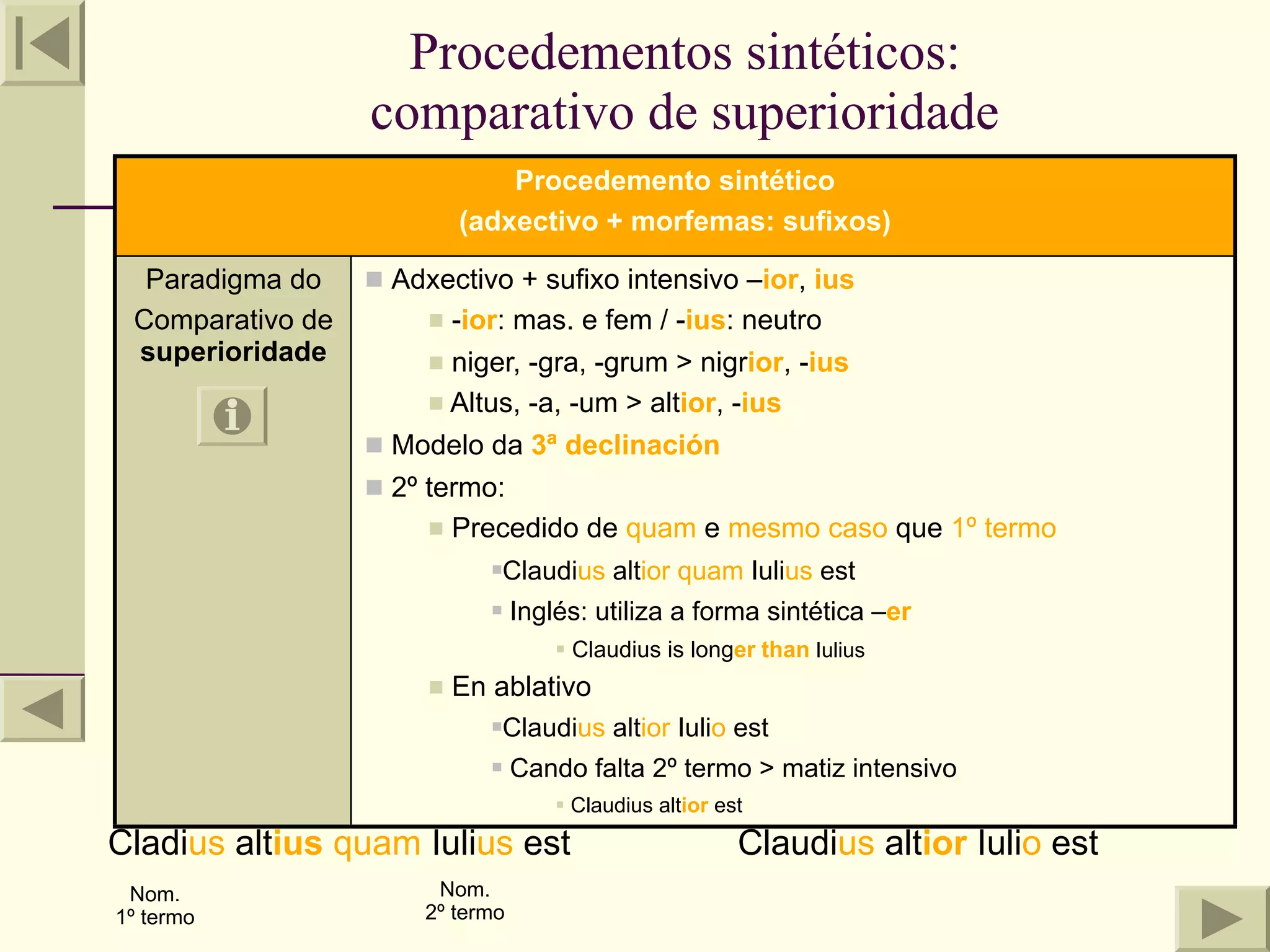 Procedementos sintéticos:
                  comparativo de superioridade
                               Procedemento sintético
                           (adxectivo + morfemas: sufixos)

  Paradigma do     Adxectivo + sufixo intensivo –ior, ius
 Comparativo de         -ior: mas. e fem / -ius: neutro
 superioridade          niger, -gra, -grum > nigrior, -ius
                        Altus, -a, -um > altior, -ius

                   Modelo da 3ª declinación
                   2º termo:
                        Precedido de quam e mesmo caso que 1º termo

                              Claudius altior quam Iulius est
                              

                                 Inglés: utiliza a forma sintética –er
                                       Claudius is longer than Iulius
                          En ablativo
                              Claudius altior Iulio est
                              

                                 Cando falta 2º termo > matiz intensivo
                                       Claudius altior est
Cladius altius quam Iulius est                            Claudius altior Iulio est
 Nom.                  Nom.
1º termo              2º termo
 