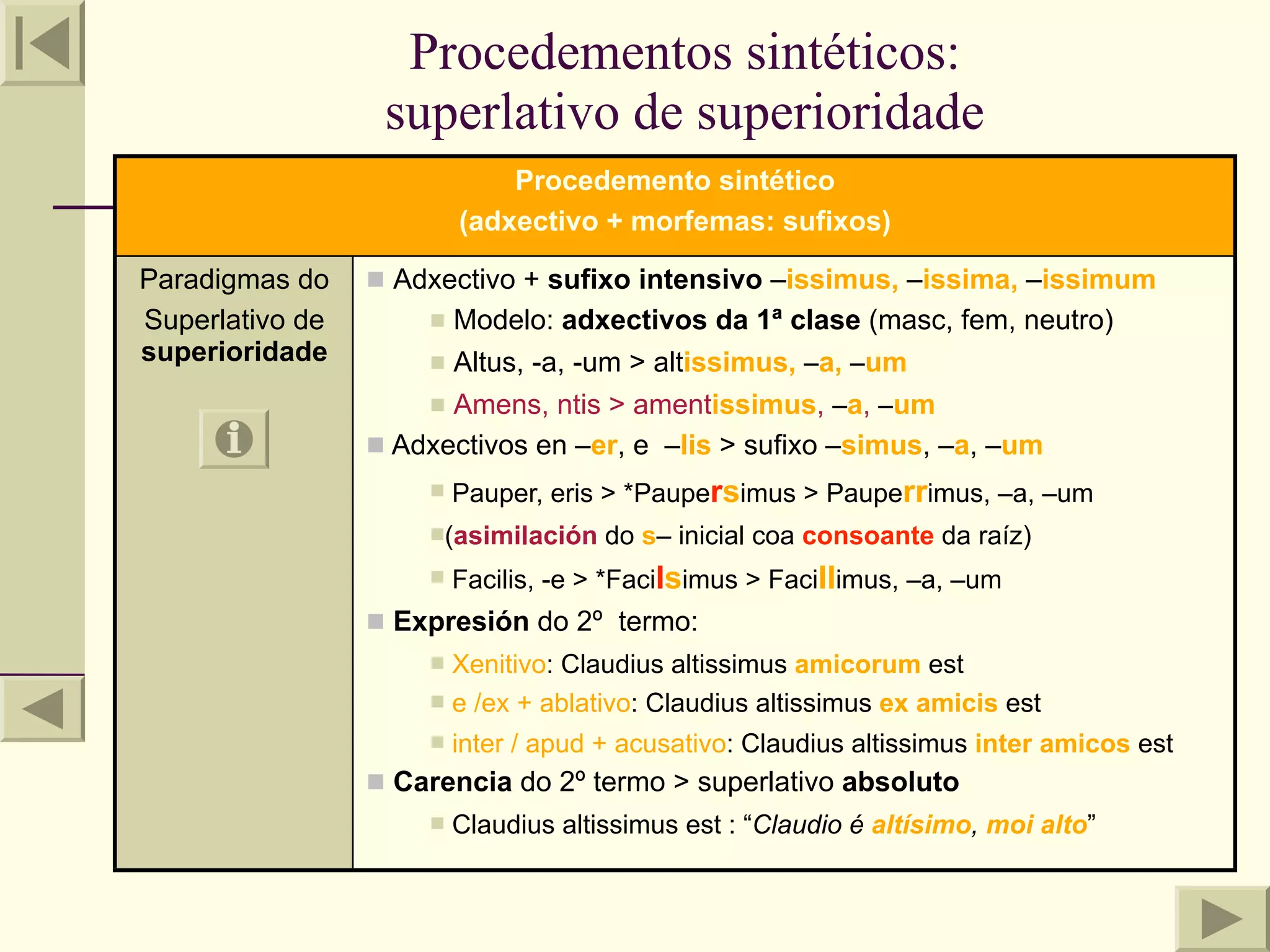 Procedementos sintéticos:
                  superlativo de superioridade
                             Procedemento sintético
                         (adxectivo + morfemas: sufixos)

Paradigmas do     Adxectivo + sufixo intensivo –issimus, –issima, –issimum
Superlativo de        Modelo: adxectivos da 1ª clase (masc, fem, neutro)
superioridade         Altus, -a, -um > altissimus, –a, –um

                      Amens, ntis > amentissimus, –a, –um
                  Adxectivos en –er, e –lis > sufixo –simus, –a, –um
                        Pauper, eris > *Paupersimus > Pauperrimus, –a, –um
                     (asimilación    do s– inicial coa consoante da raíz)
                        Facilis, -e > *Facilsimus > Facillimus, –a, –um
                  Expresión do 2º termo:
                      Xenitivo: Claudius altissimus amicorum est
                      e /ex + ablativo: Claudius altissimus ex amicis est

                        inter / apud + acusativo: Claudius altissimus inter amicos est
                  Carencia do 2º termo > superlativo absoluto
                        Claudius altissimus est : “Claudio é altísimo, moi alto”
 