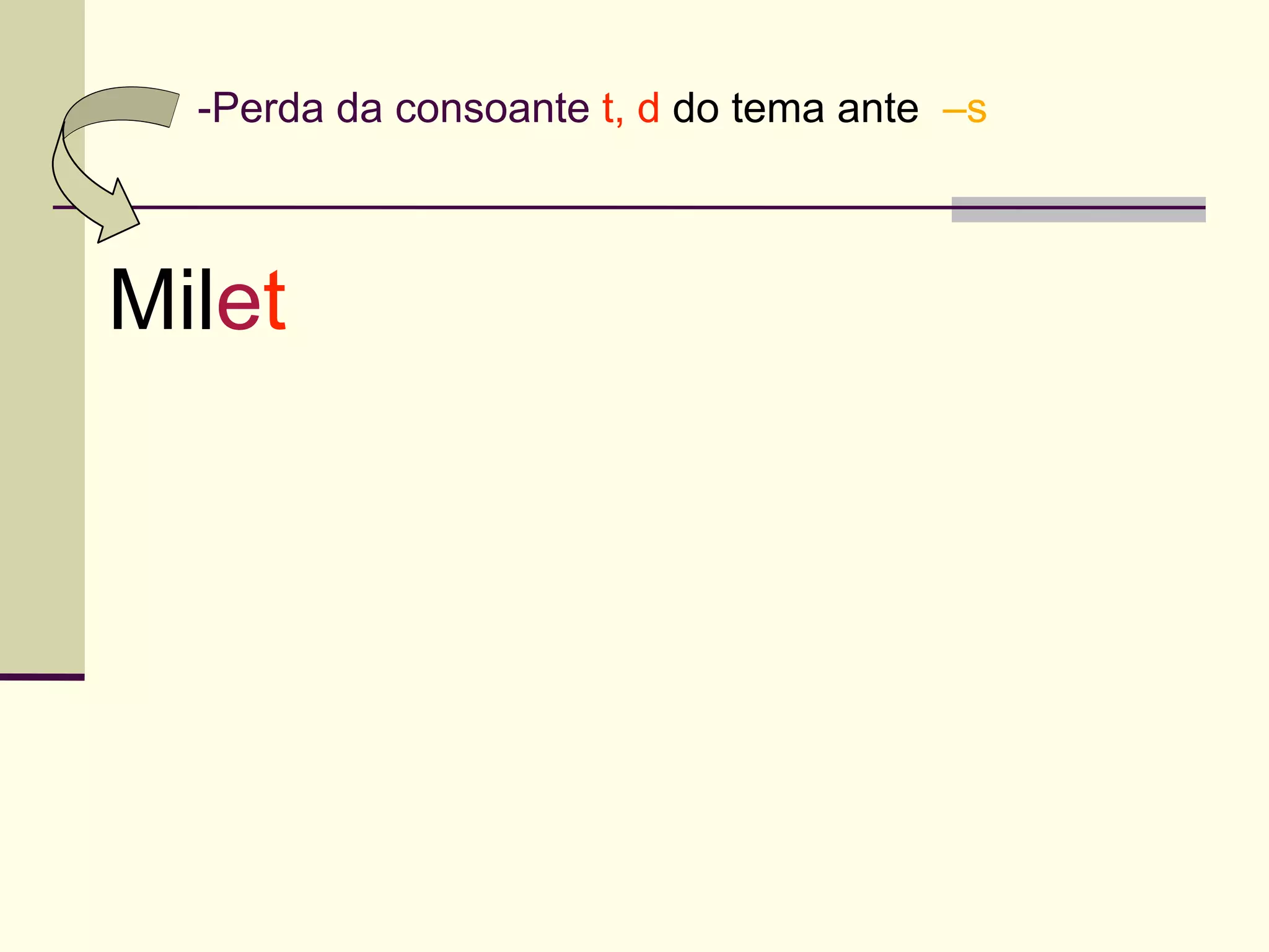 -Perda da consoante t, d do tema ante –s



Milet
 