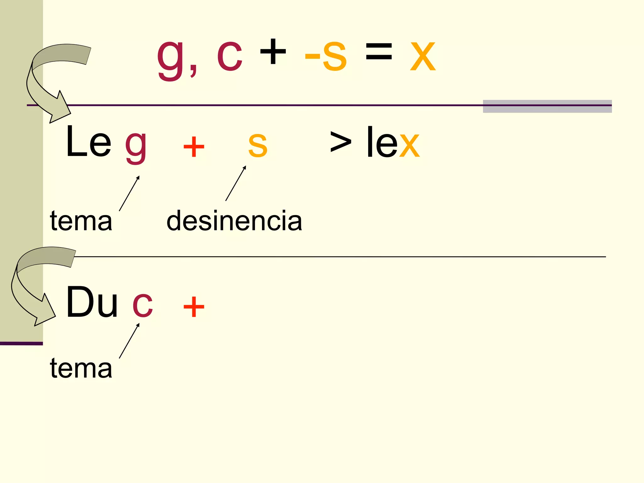 g, c + -s = x
Le g + s            > lex
tema   desinencia


Du c +
tema
 