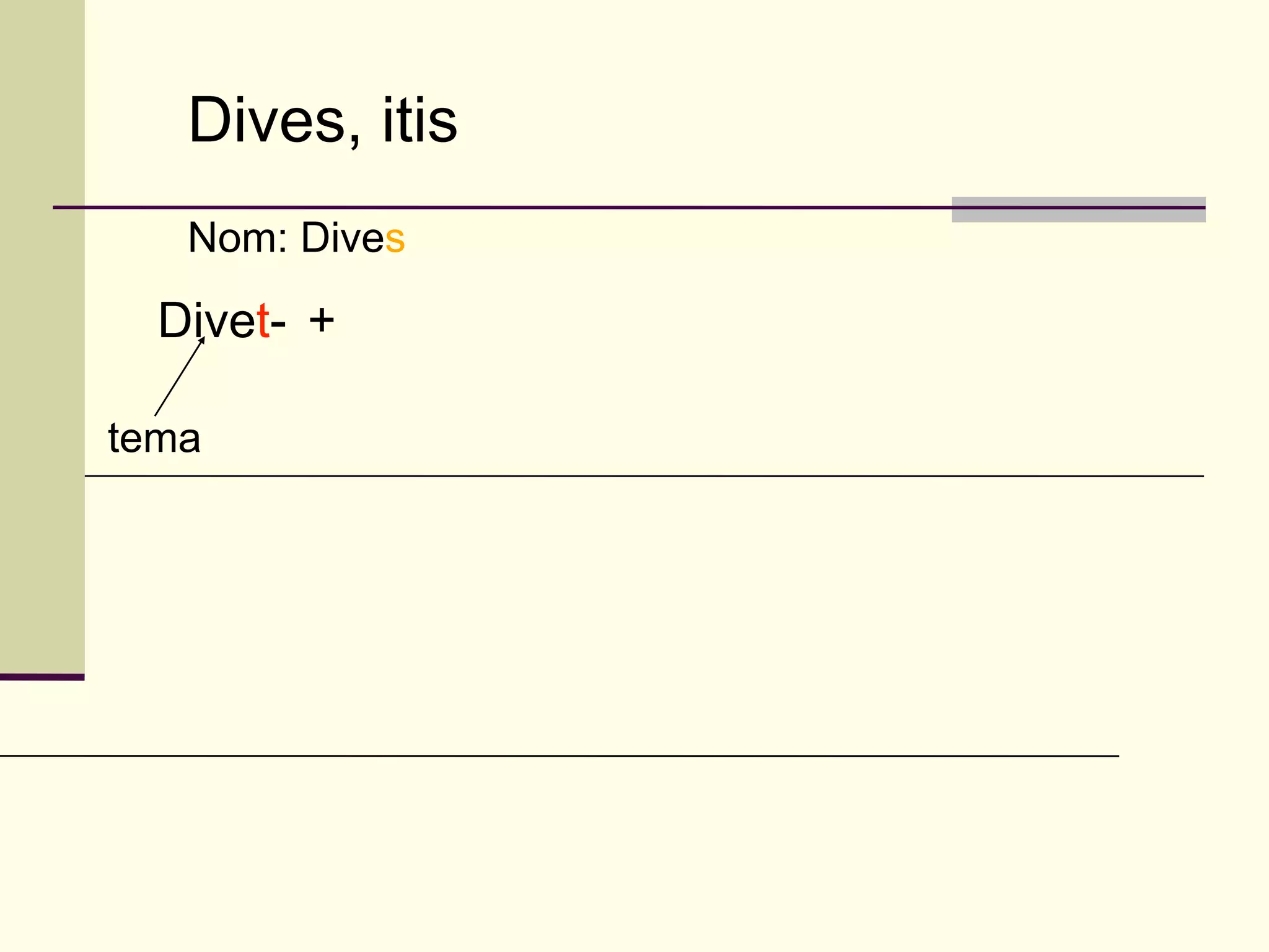 Dives, itis
   Nom: Dives

  Divet- +

tema
 
